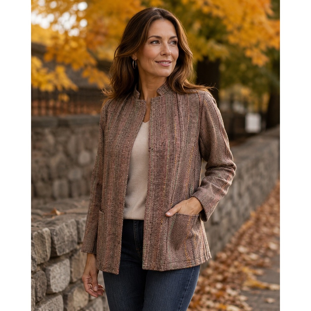 Gregge Sport 100% Silk Herringbone Open Front Jacket Brown Multi‎ Pleated Back